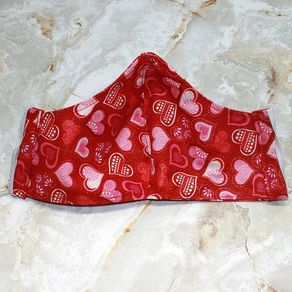 HAND CRAFTED Face Mask Hearts Red Adult Cloth Fabric Print - Shield Style